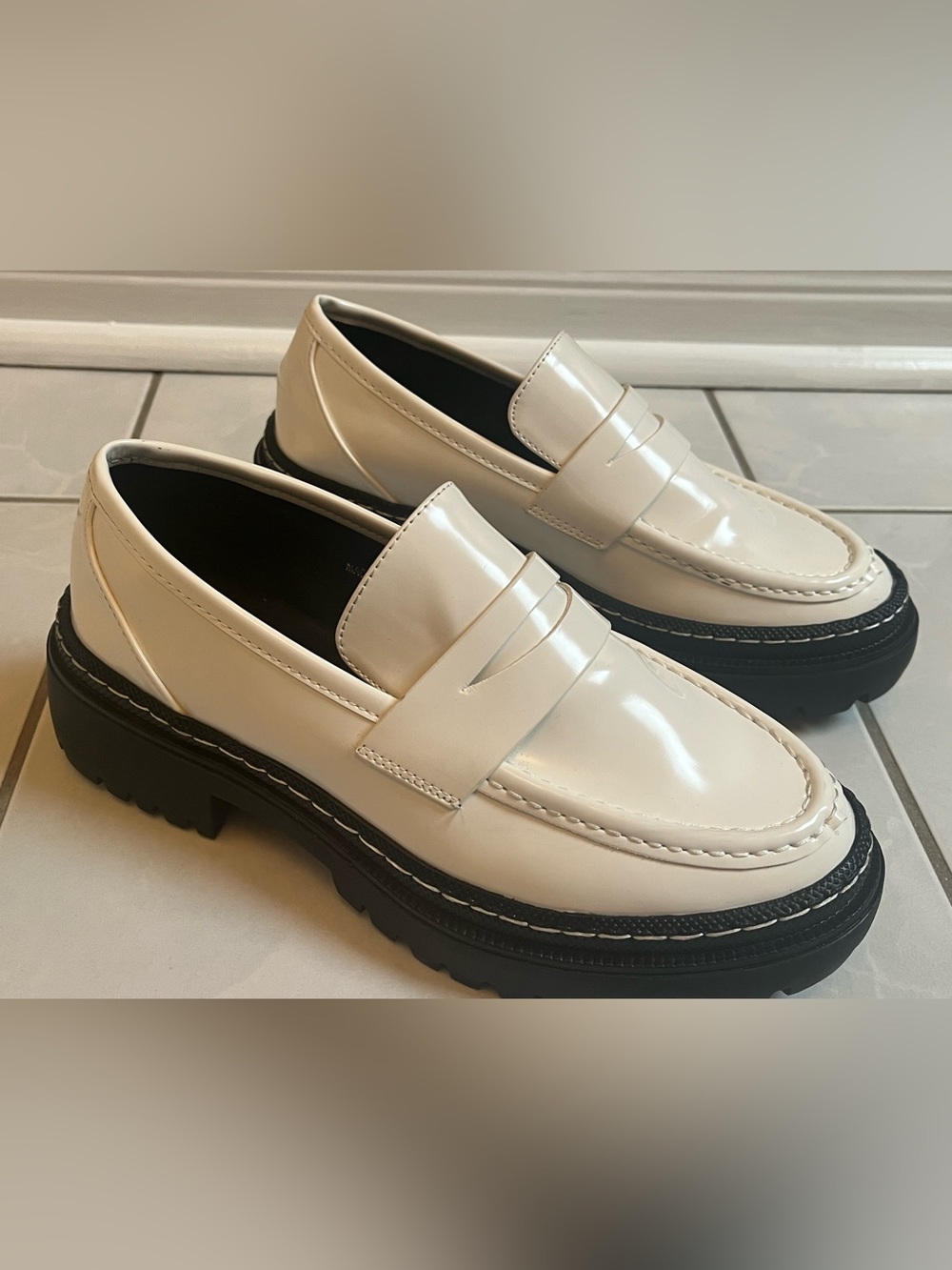 Madden Girl White Patent Penny Loafers with Black Lug Sole